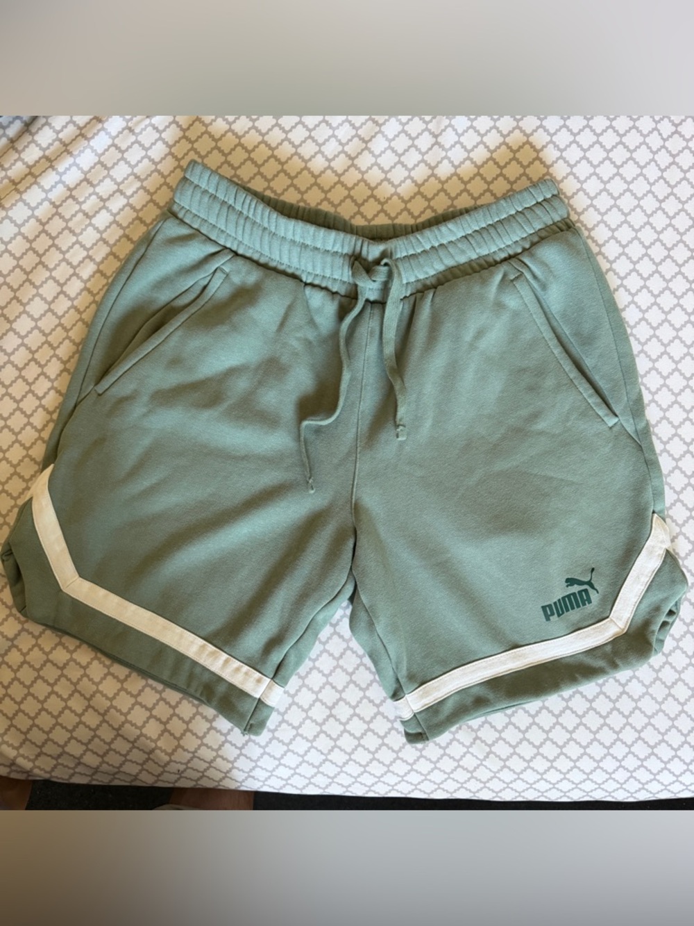 Puma Mint Green Drawstring Athletic Shorts with White Stripe